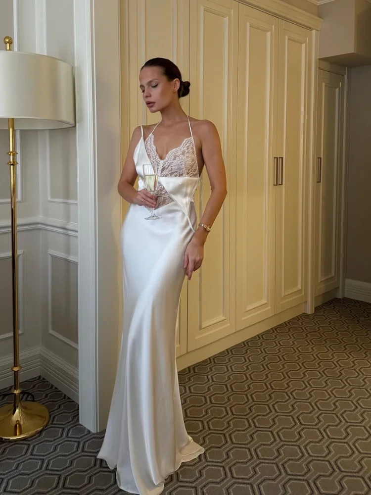エレガントなレースパッチワークサテンスリングドレス レディース バックレス シースルー ハイウエスト スリム マキシドレス 2025 レディース バケーション パーティーガウン