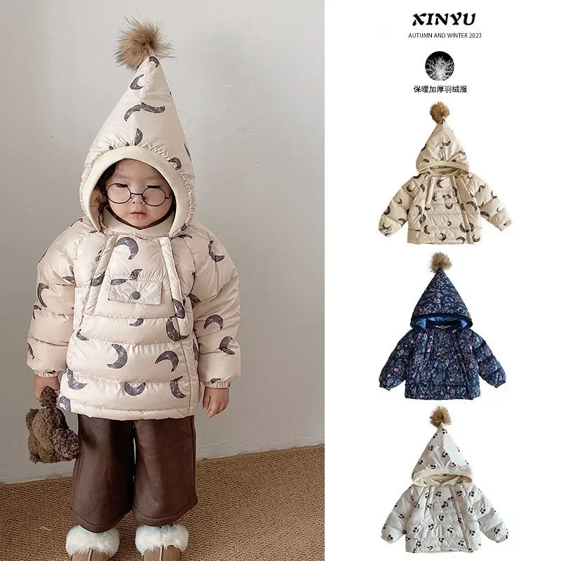 Children's Down Jacket 2024 Autumn New Item, Small and Medium-sized Children's Goose Down Triple Proof Warm Pointed Hat Jacket