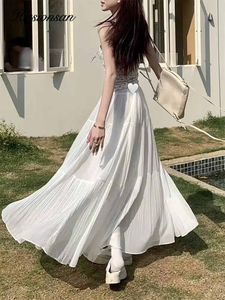 Hirsionsan Pleated High Waist Skirts Women 2025 New Soft Fold Office Lady Basic Midi Skirt Chic Elegant Girl Glossy Long Skirt