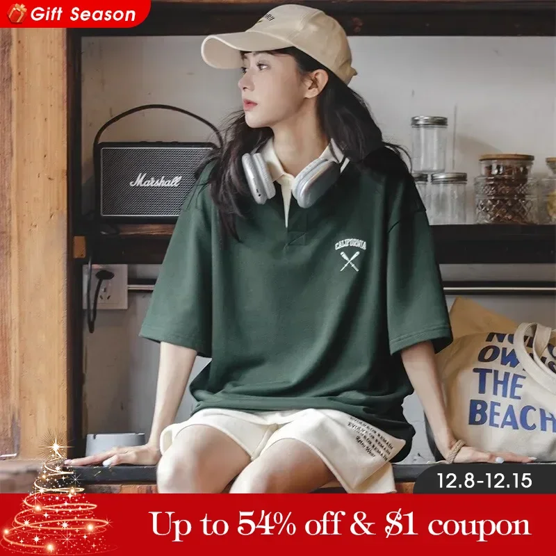 Maden Vintage Lapel College Short Sleeve Polo Shirts for Women Loose Knitted Big Size Golf Tee 2023 Summer Casual Cotton T-shirt