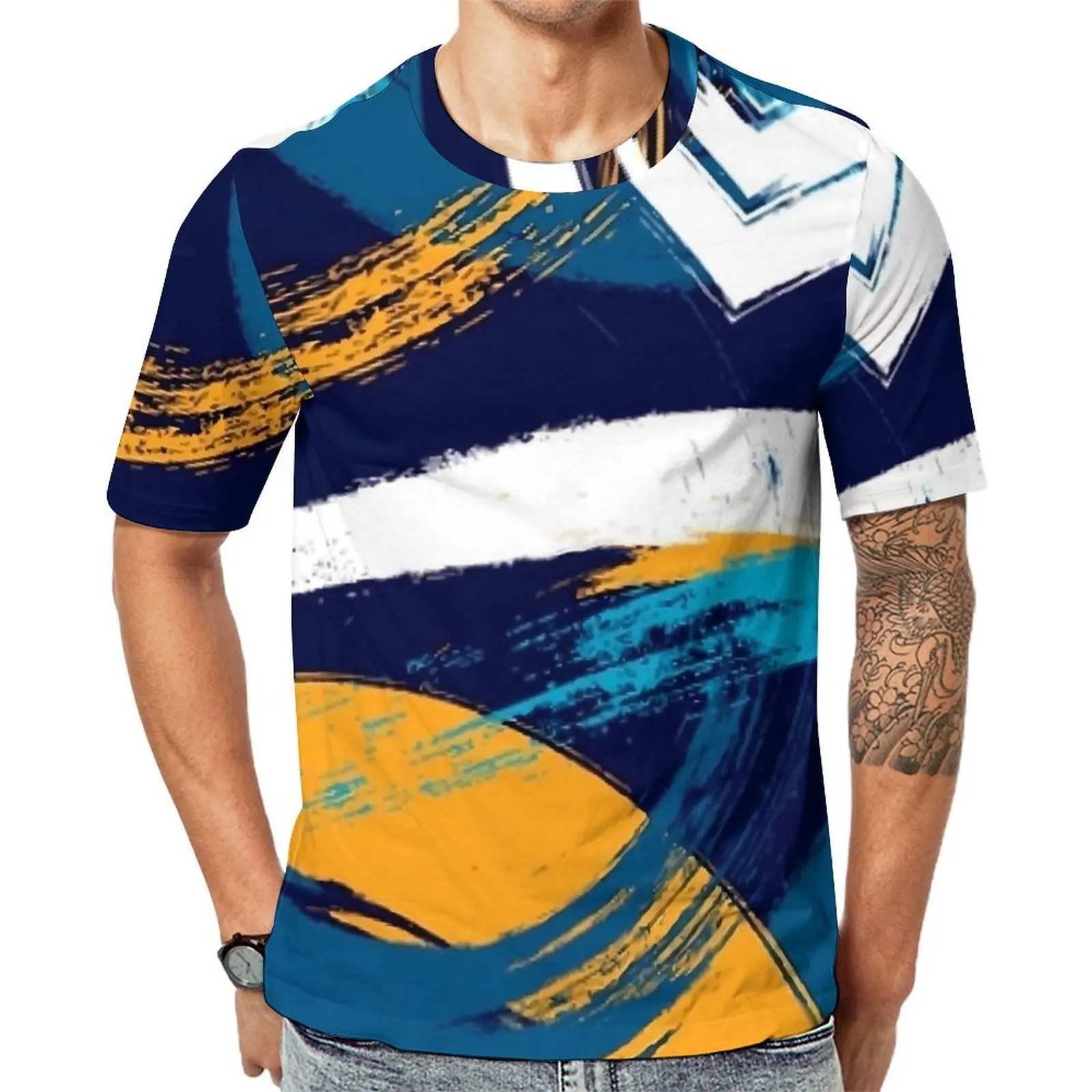 Premium T-Shirt Brush Print T-Shirts Blue Yellow White Funny Vintage Tee Shirt For Male Short Sleeve Design Plus Size Clothing