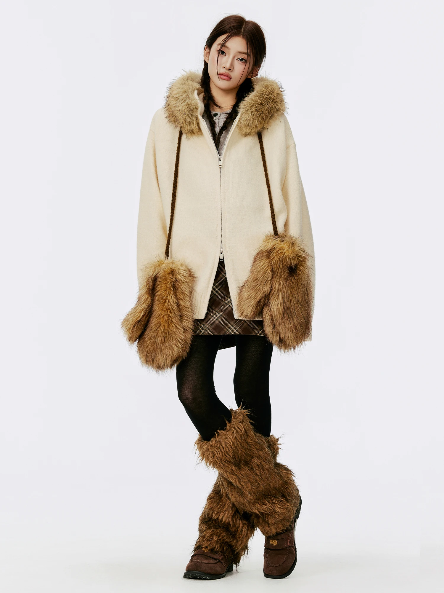 

Женский вязаный свитер, пальто с двойной молнией, свободная верхняя одежда, осень-зима, ленивый воротник из искусственного меха, повседневный кардиган