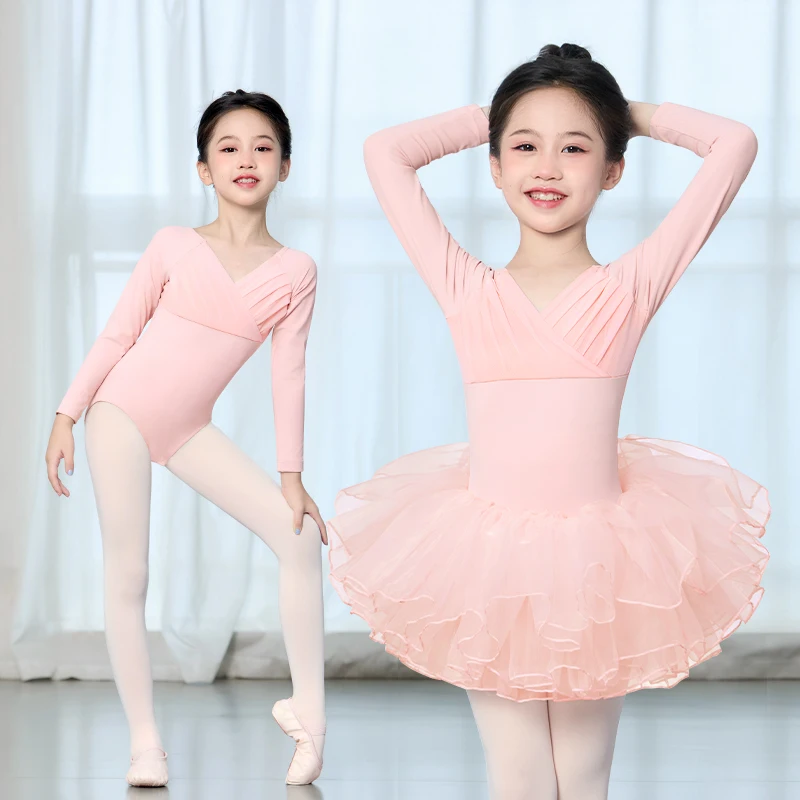 Mädchen Kinder Ballett Trikots Plissee V-ausschnitt Tanz Trikots Langarm Teen Gymnastic Bodys Rosa Blau Weiche Tanz Bodys