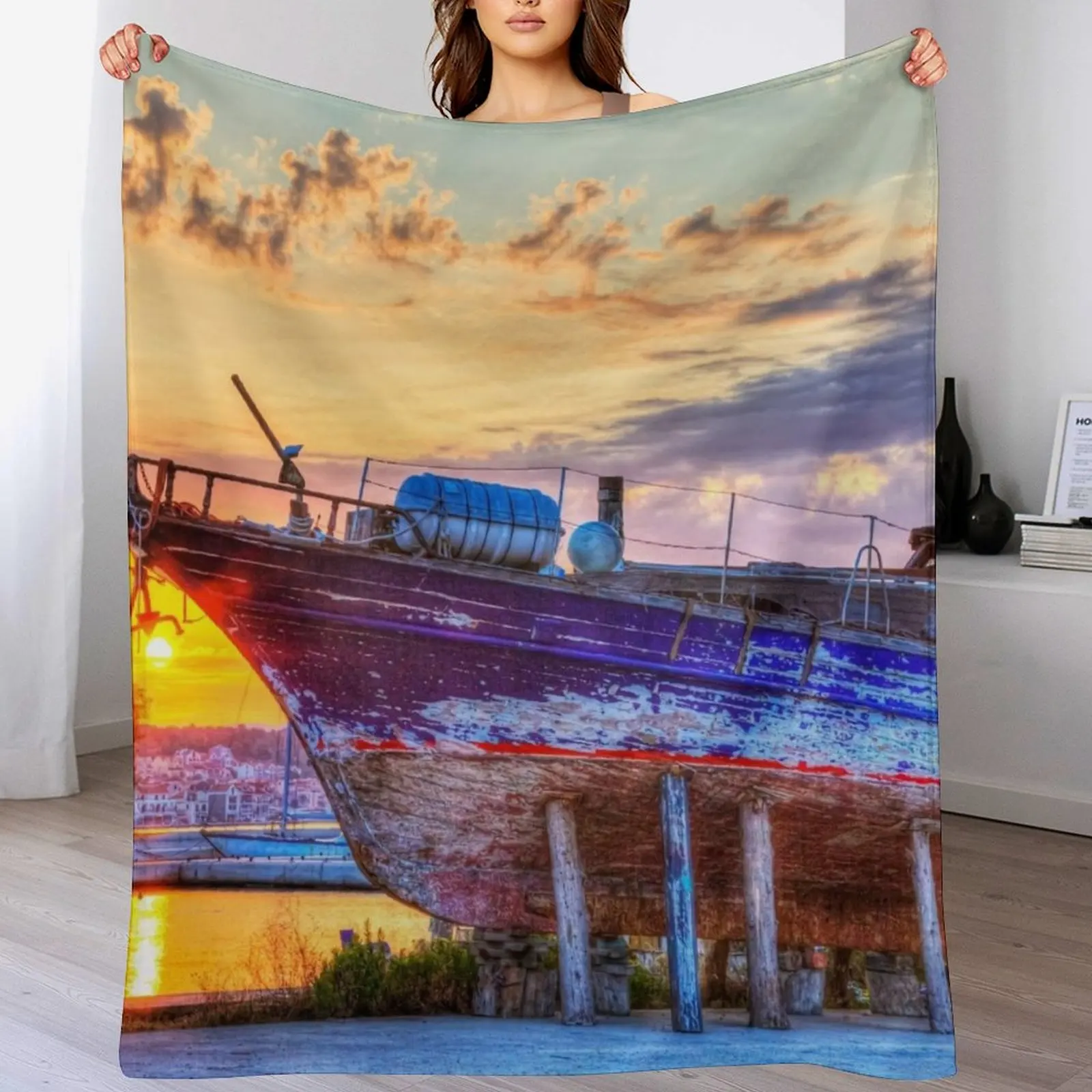 

Kefalonia, Greek Shipyard Sunset Throw Blanket Winter beds warm winter for winter Luxury Throw Blankets