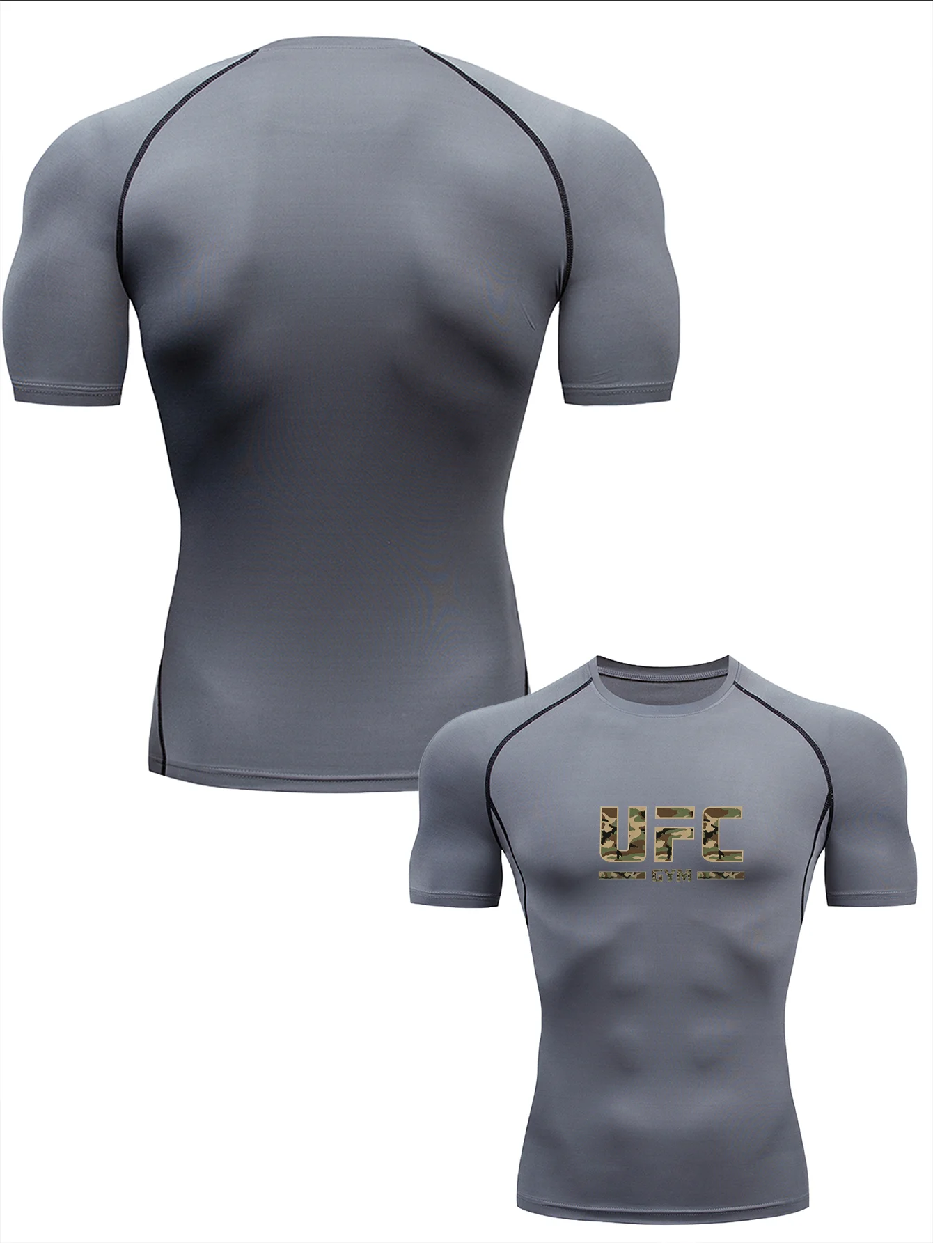 UFC GYM Men's New Summer Quick-Dry Short-Sleeve Compression Training T-Shirt – Camo-Style Lettering Print - view 4