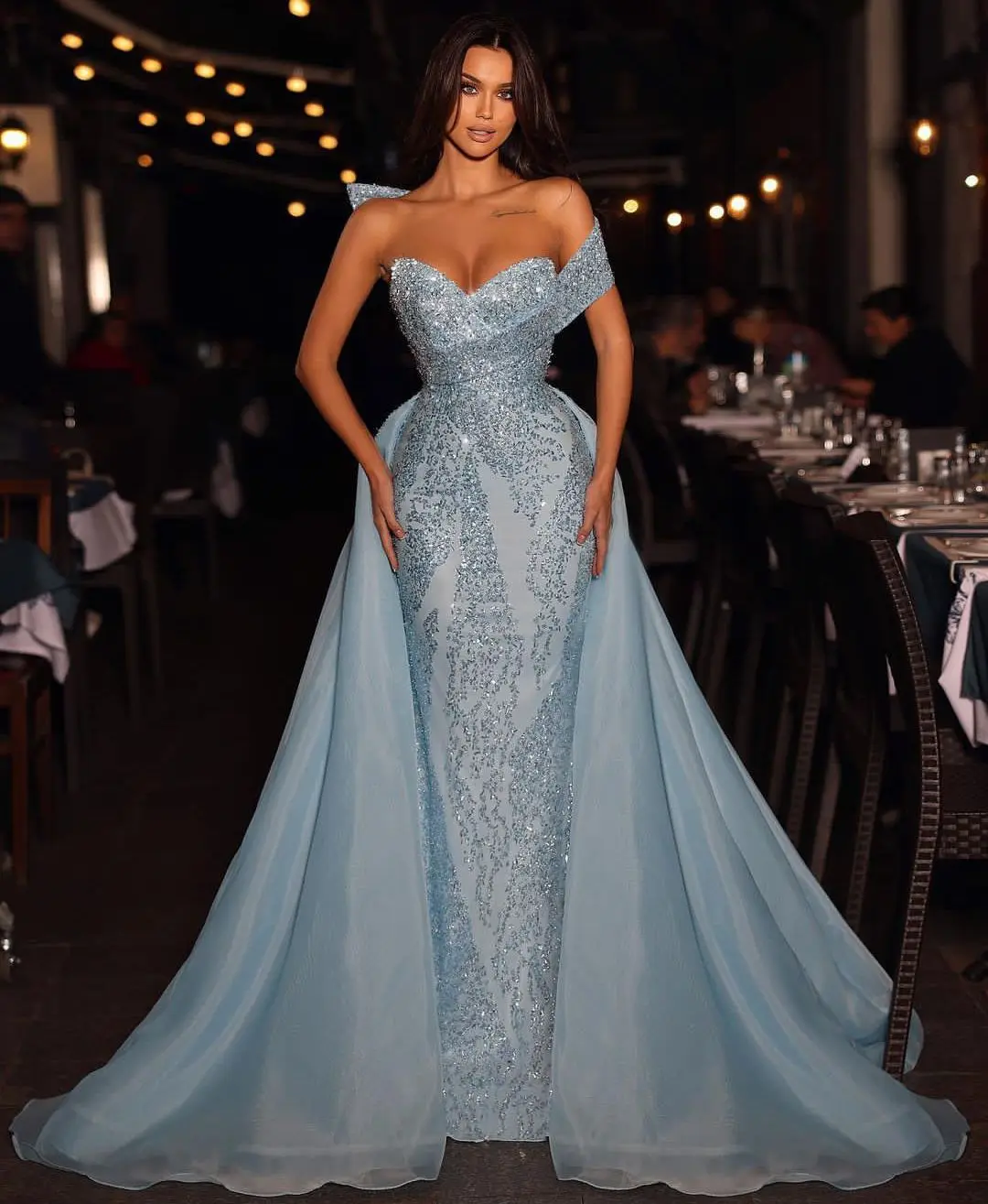 Sky Blue Mermaid Evening Dresses Sweetheart Prom Gowns Custom Made Sequined with Overskirts Party Dresses