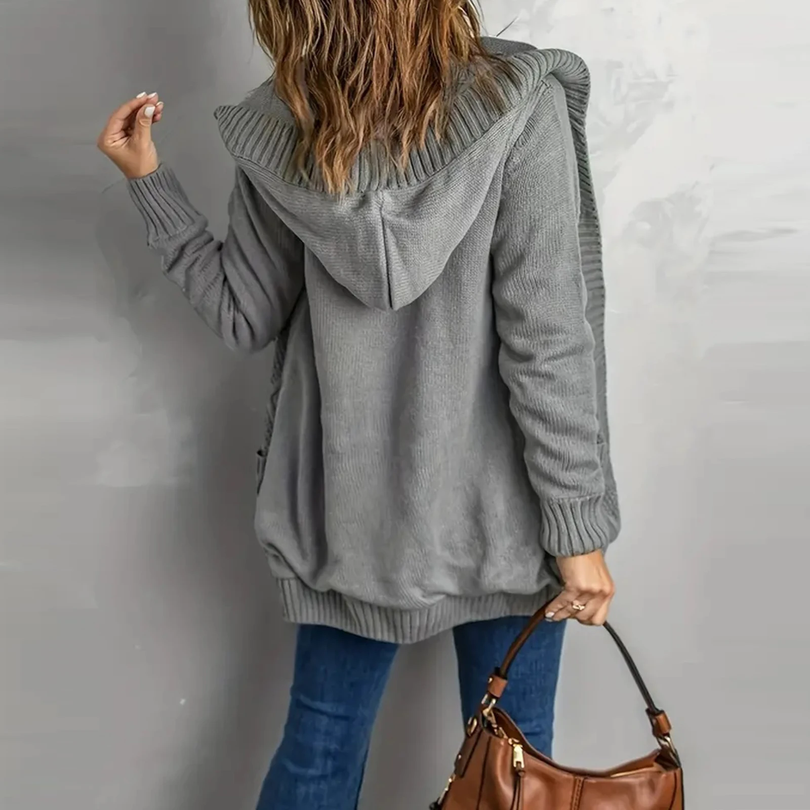 Damski sweter rozpinany z kapturem, dzianinowy, jesienno-zimowy, casualowy, jednolity kolor, długi rękaw, kieszenie, płaszcz, strój na co dzień.