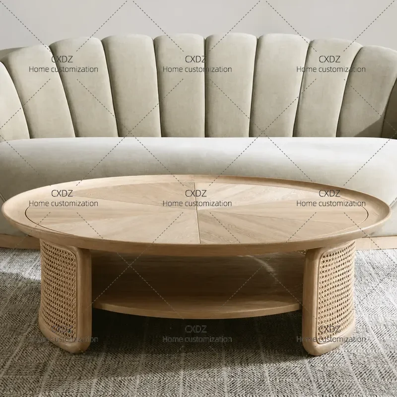 Japanese Solid Wood Round Coffee Table Modern Simple Rattan Tea Table Household Living Room Ash Wood Low Table