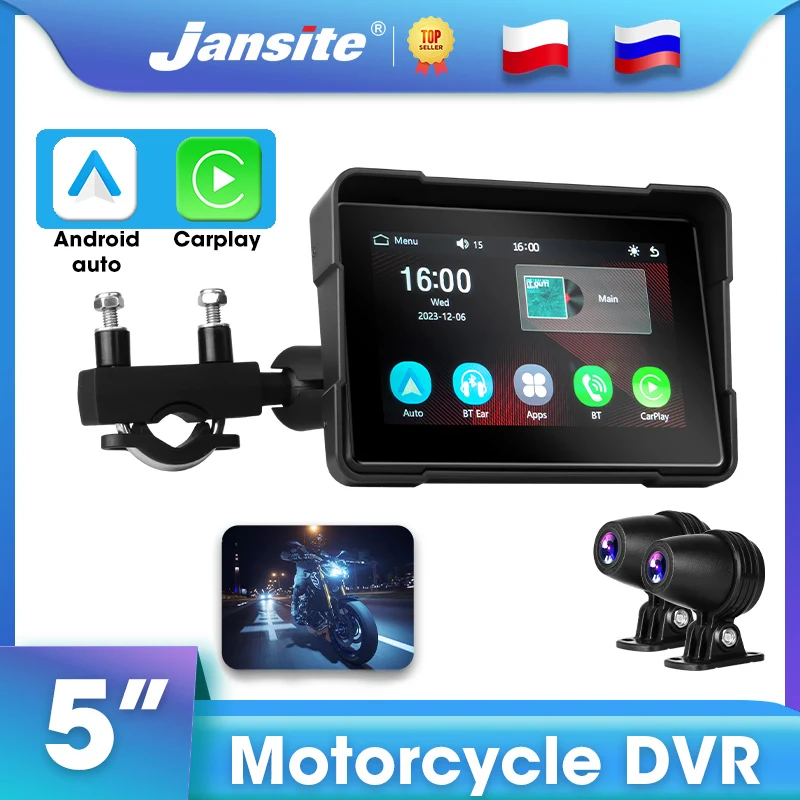 Jansite Motorcycle DVR IPS Screen Registrar Wireless Carplay & Android auto IP67 Waterproof Moto Camera Dash cam Bluetooth 5.0