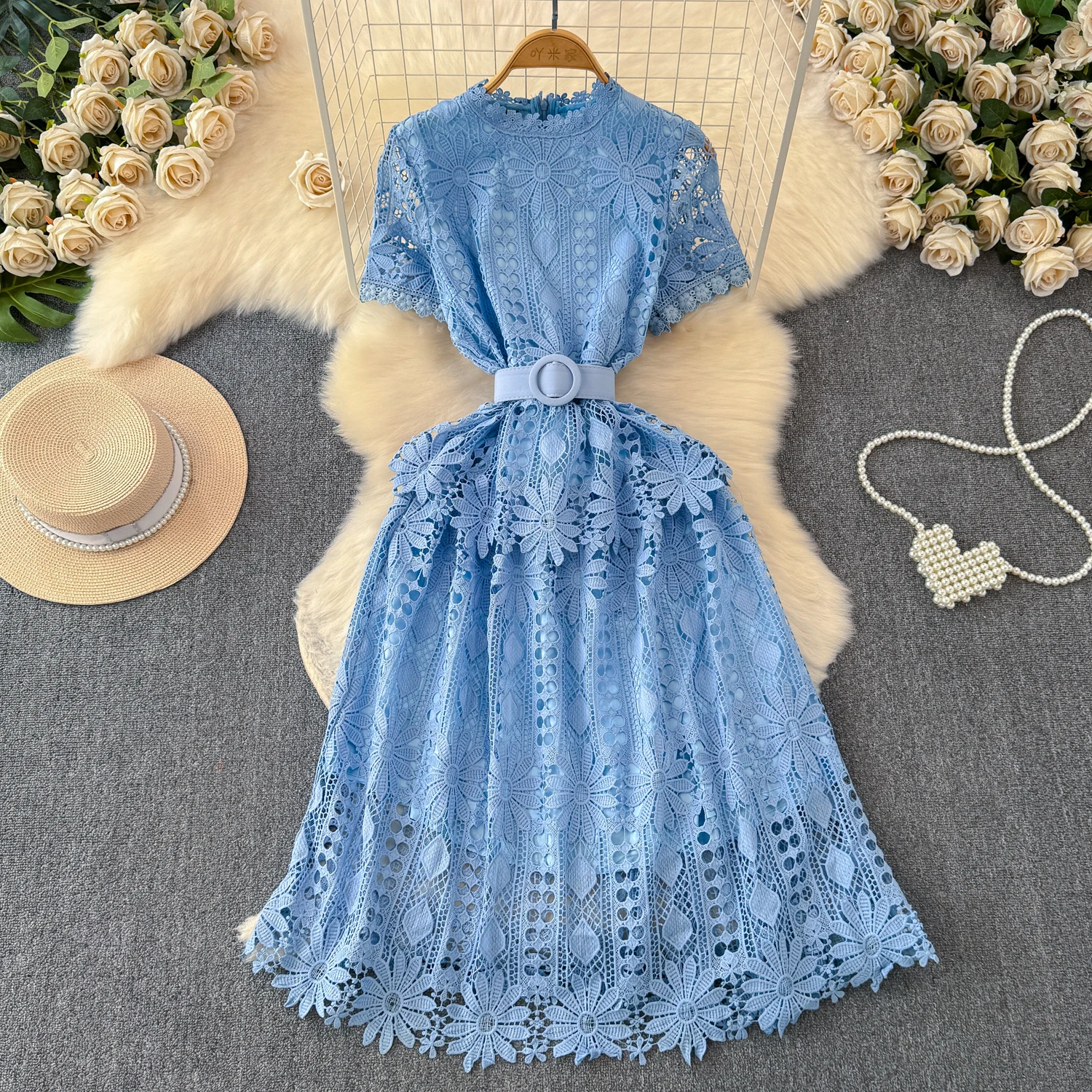 Vestido vintage de malha em camadas feminino, flor de gancho, longo, oco, linha A, vestidos de renda, verão, novo