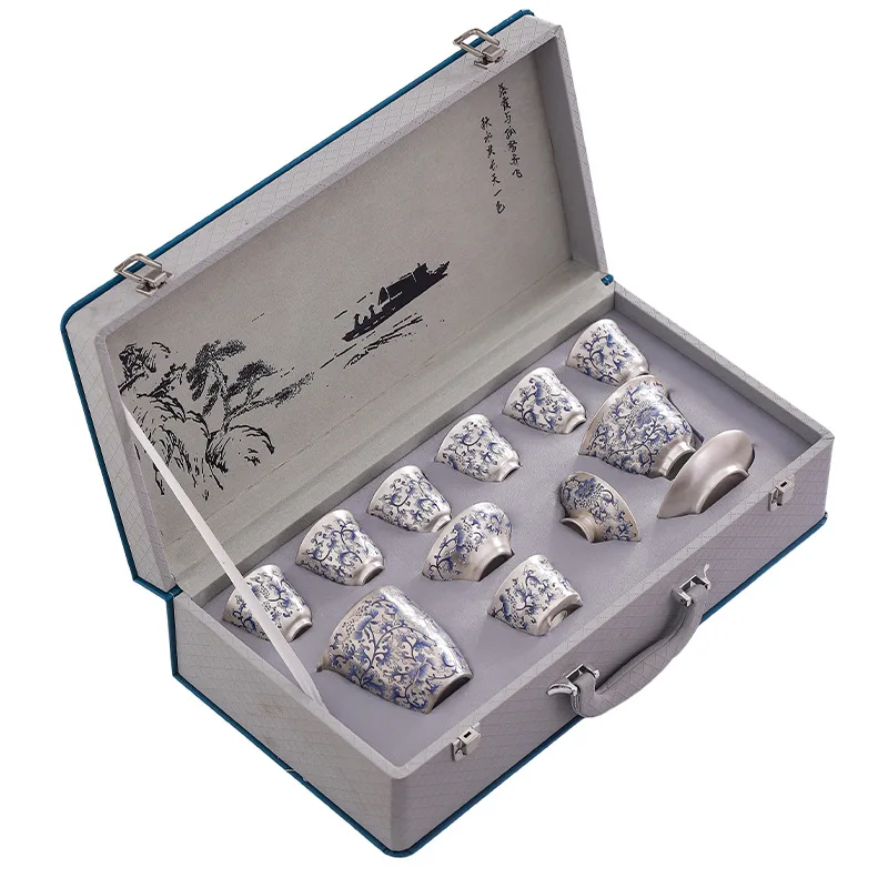 

High-grade light luxury household ceramics sterling silver cover bowl tea blue and white teapot kung fu tea set gift box busines