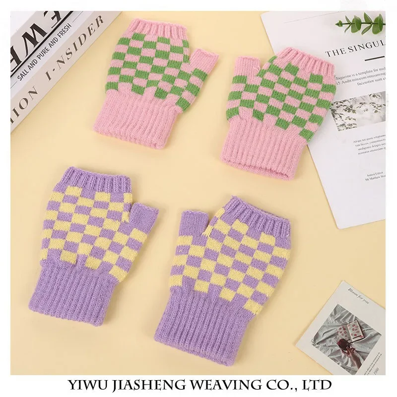 ハーフフィンガーグローブ レディース 韓国語バージョン 市松模様の対照的な色 暖かく耐寒性のライティングニット手袋