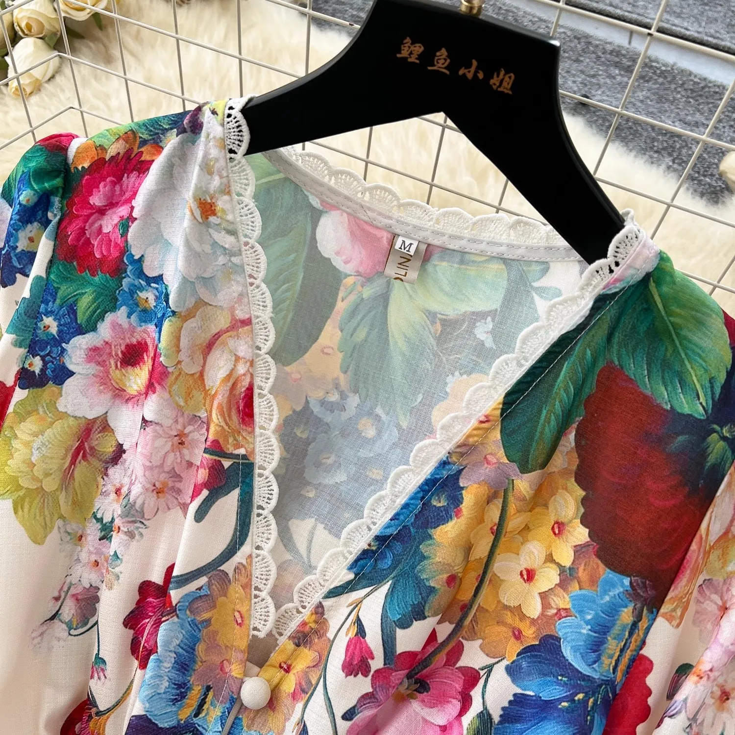 Primavera verão férias lindo vestido de linho flor feminina manga alargamento com decote em v rendas guarnições cintura alta floral impressão vestidos longos