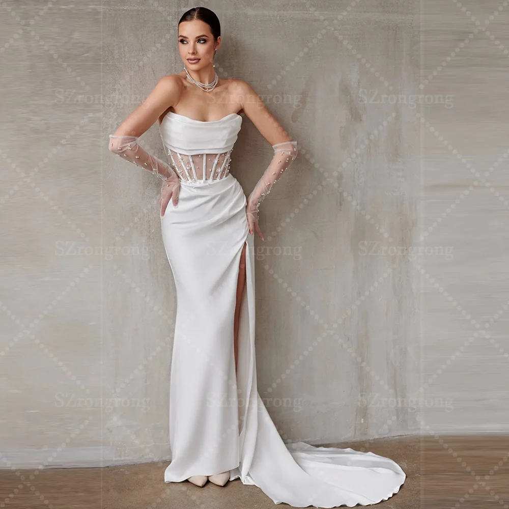 

Modern Off Shoulder Satin Pleated Backless Wedding Dress Pearls Sheath Side Slit Boho Bridal Dress with Train Custom Made