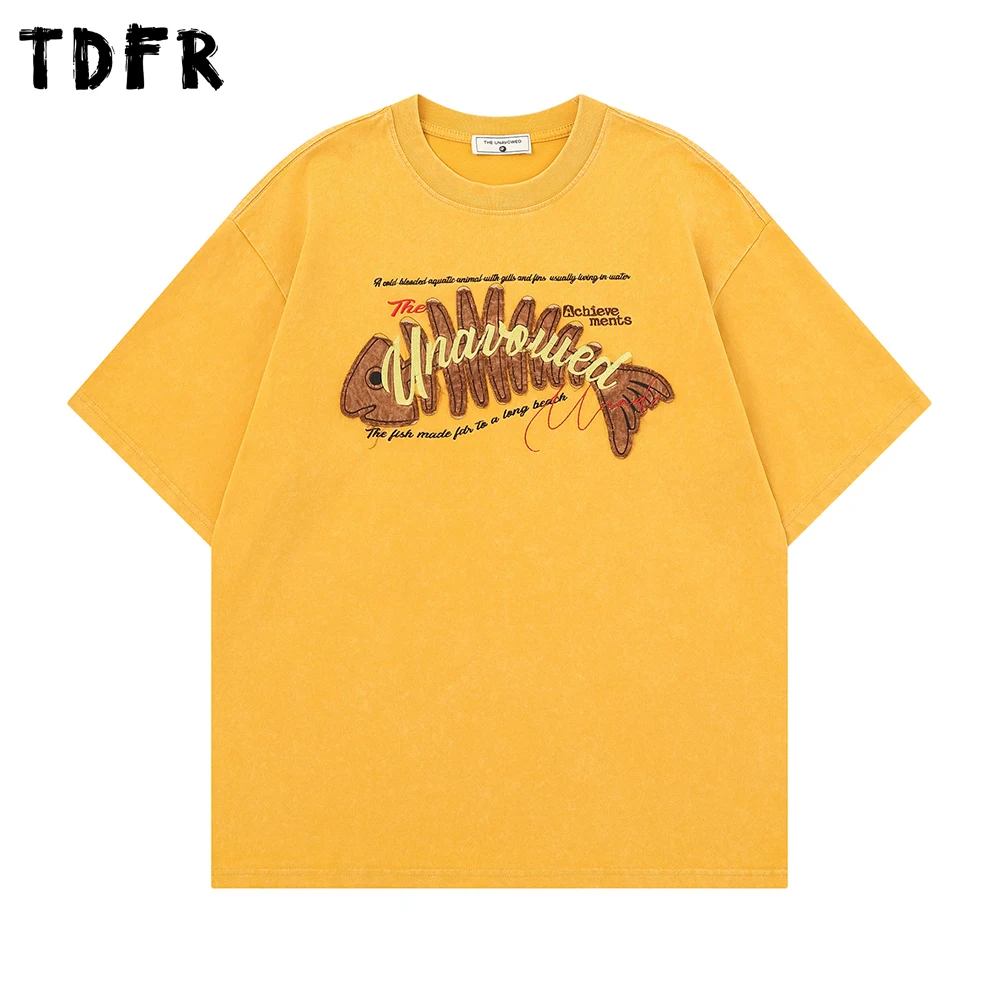 Creative Patch Embroidery Short Sleeve T-shirt Mens Summer Retro Casual Loose Half-Sleeve Crew Neck Cotton Tee Man Tshirt