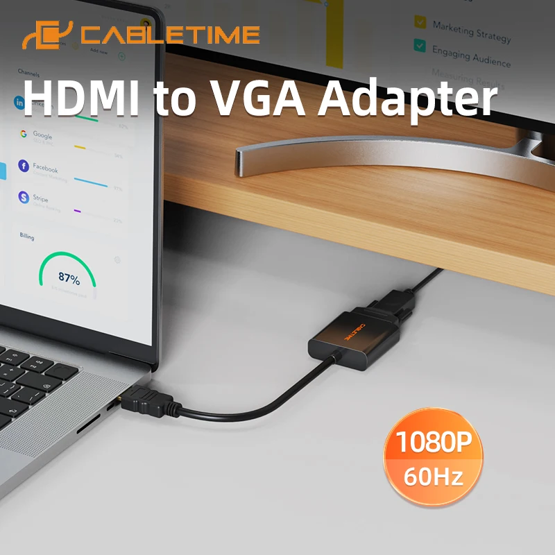 

CABLETIME Адаптер HDMI-VGA HD 1080p 60 Гц Кабельный преобразователь HDMI-совместимый переходник «папа-VGA» для планшета, ноутбука, ПК, ТВ