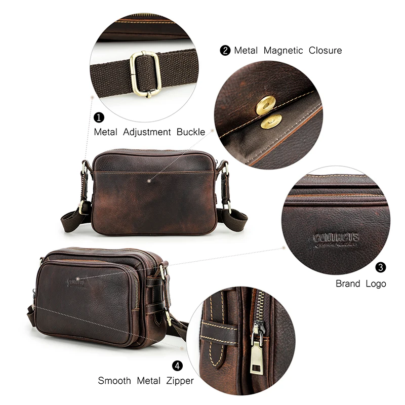 CONTACT\'S Genuine Leather Small Messenger Bag Vintage Male Crossbody Bag Travel Sling Shoulder Bags Designer Handbag Bolso