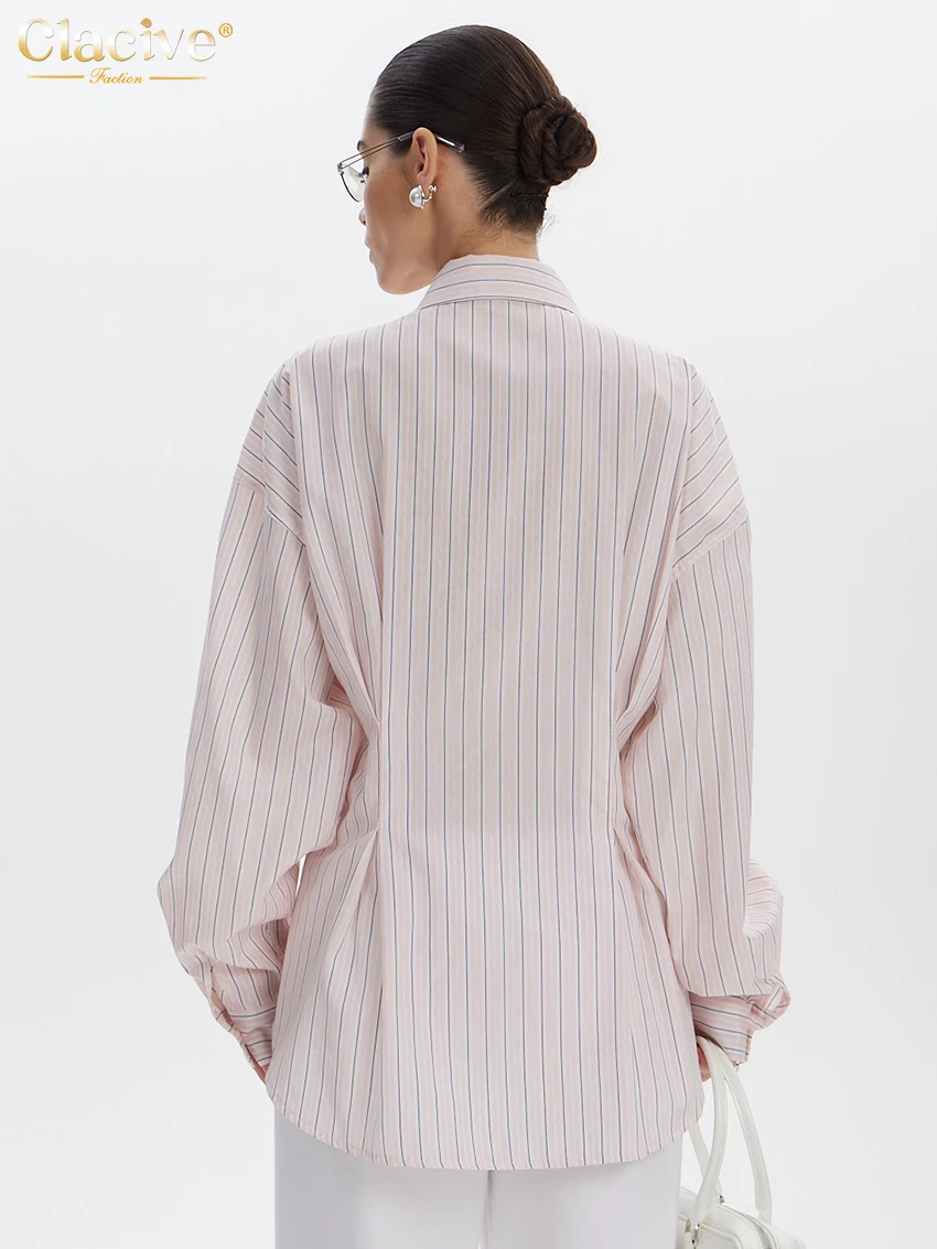 Clacive Fashion Loose Stripe Print Women's Shirt 2025 Casual Lapel Long Sleeve Blouse Elegant Classic Tie Top Female Clothing