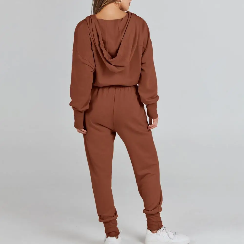 

Long Sleeve Jumpsuit Sporty Hooded Women's Jumpsuit with Elastic Waist Drawstring Long Sleeve Solid Color Ankle-banded Fake