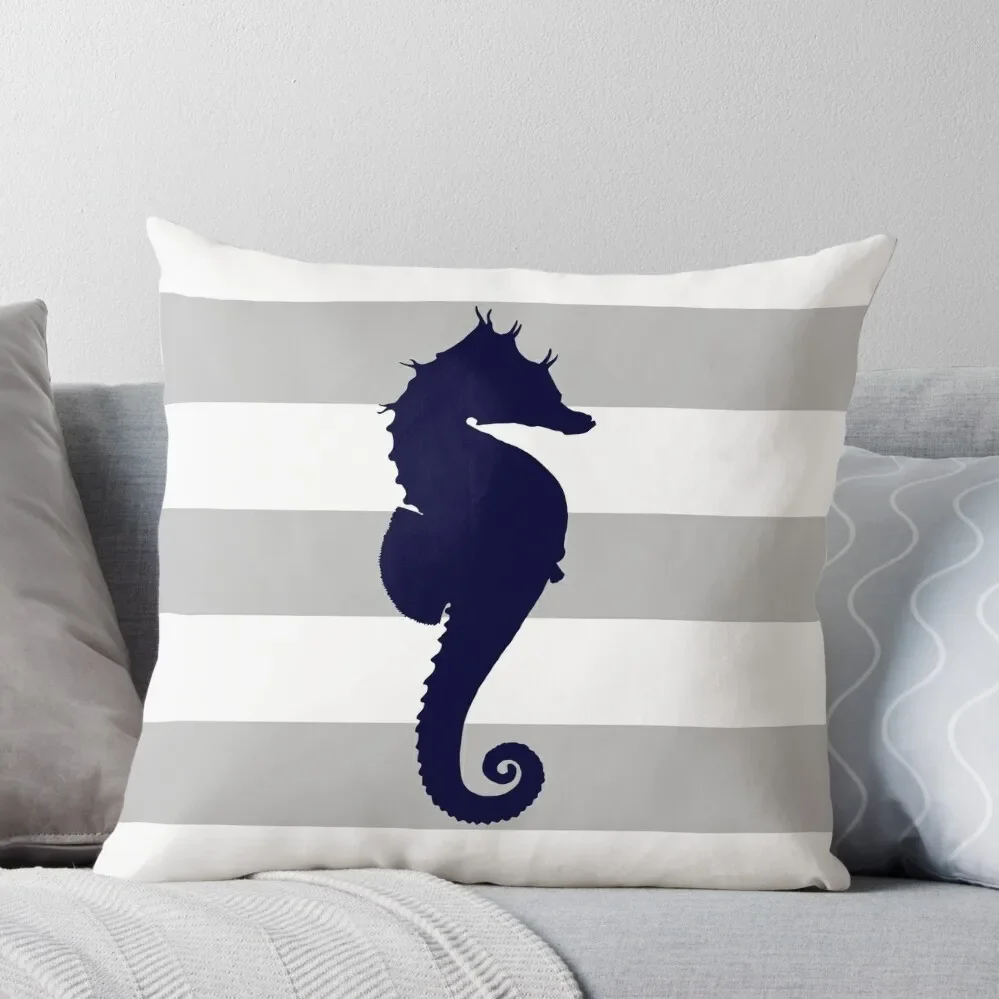 

Nautical Navy Blue Seahorse On Silver Gray Stripes Throw Pillow Throw Pillow Plaid Sofa Sofa Pillow Cover