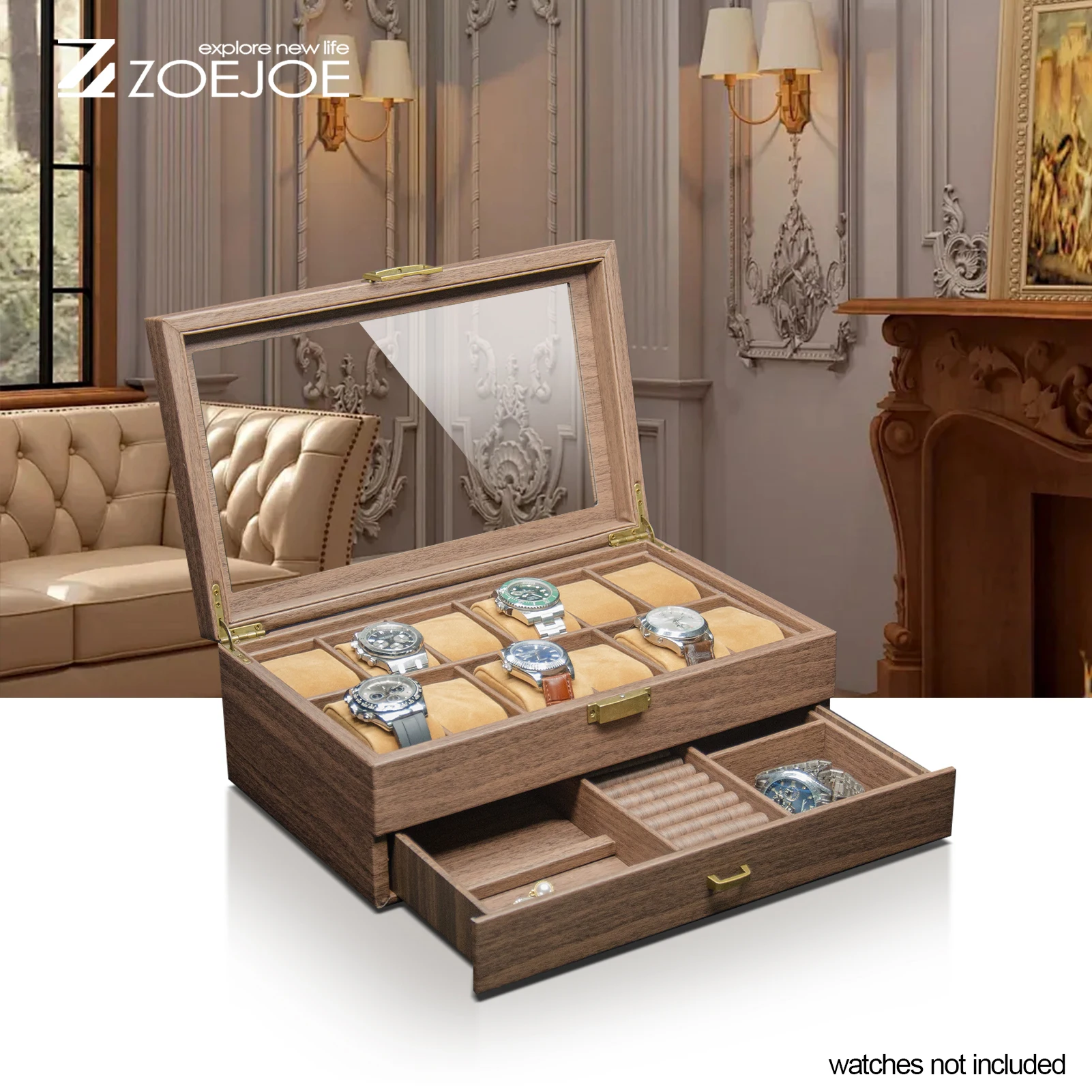 

ZOEJOE Watch Display Box Double-layer Ring Jewelry Storage Box pu Leather With Transparent Glass Watch Accessories Box Case