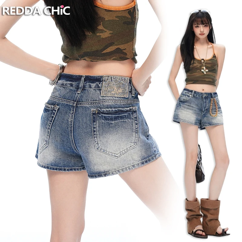 

REDDACHiC Embroidery Embellished Denim Shorts Women Minimalist Korean Petite Solid Low Rise Jean Shorts Versatile Summer Clothes