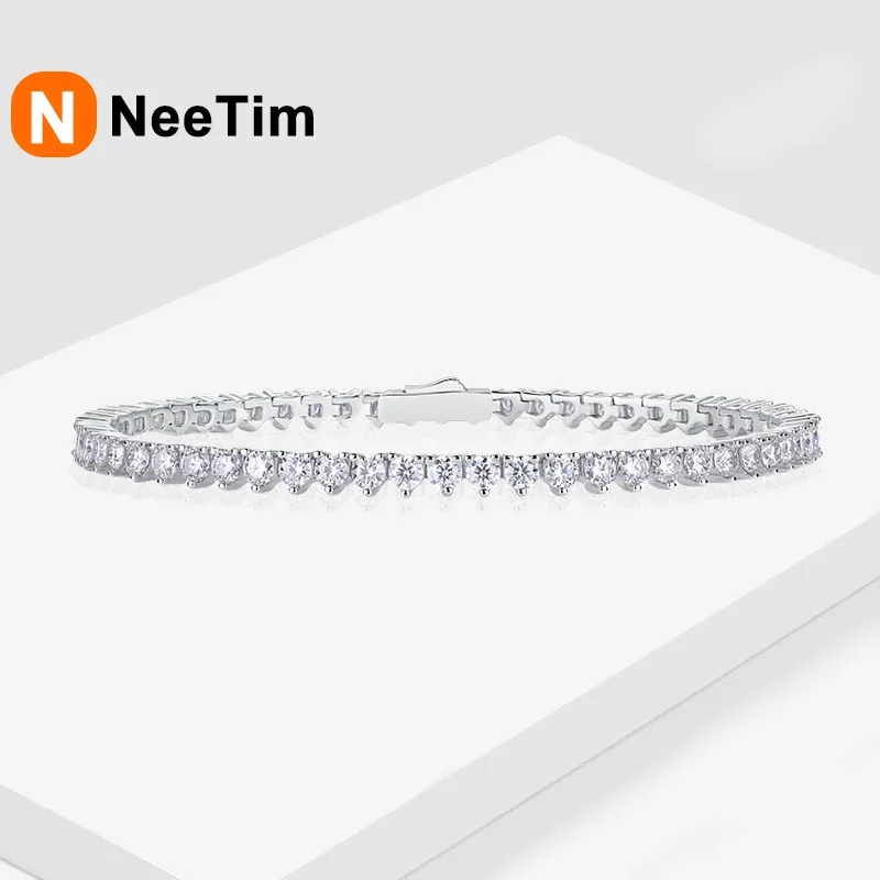 NeeTim 3mm D Color Moissanite Tennis Bracelet 3 Prong Setting Trendy Women Man GRA Certified Fine Jewelry s925 Sliver Bracelet