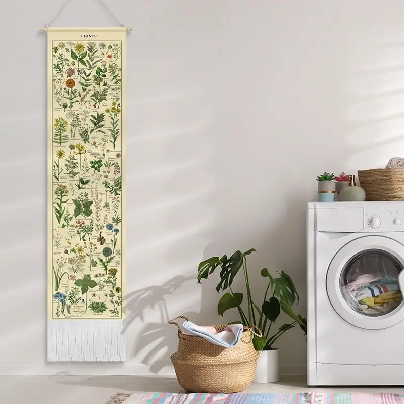 VIKAMA Vintage Plant Chart Tassel Scroll Tapestry Botanical Herb Polyester Wall Hanging Boho Aesthetic Bedroom Dorm Home Decor