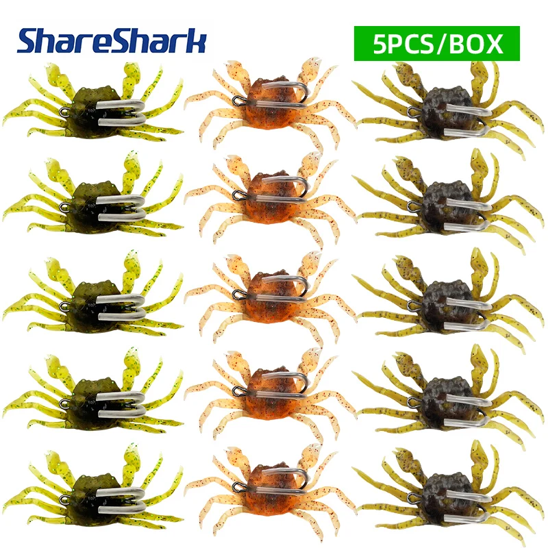ShareShark 5 pièces/boîte Leurres souples en caoutchouc imitation crabe 3D avec double hameçon, appâts de pêche en mer, accessoires de pêche