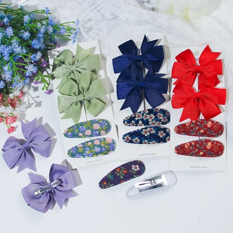 

4pcs/set of Handmade Cute Candy Colored Bow Hair Clips and Print Flowers BB Clips Children's Hair Accessories