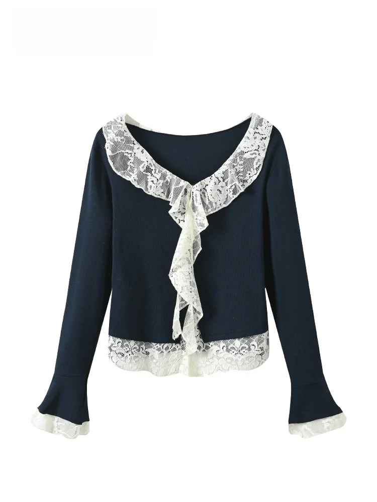 

Loose Long Sve Doll Collar T-irt Women plus Size Autumn Faion Slimming Design Casual Sle Polyester Fiber V-Ne Top