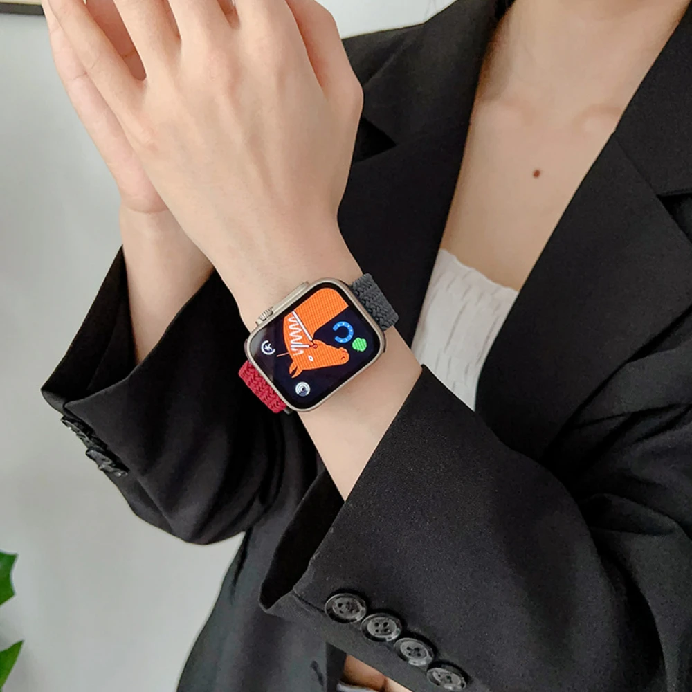 애플 워치용 브레이드 솔로 루프 스트랩, 울트라 밴드 41mm 45mm 49mm 44mm 40mm 38-42mm, 나일론 탄성 팔찌, iWatch 9 8 se 7 6 5 4