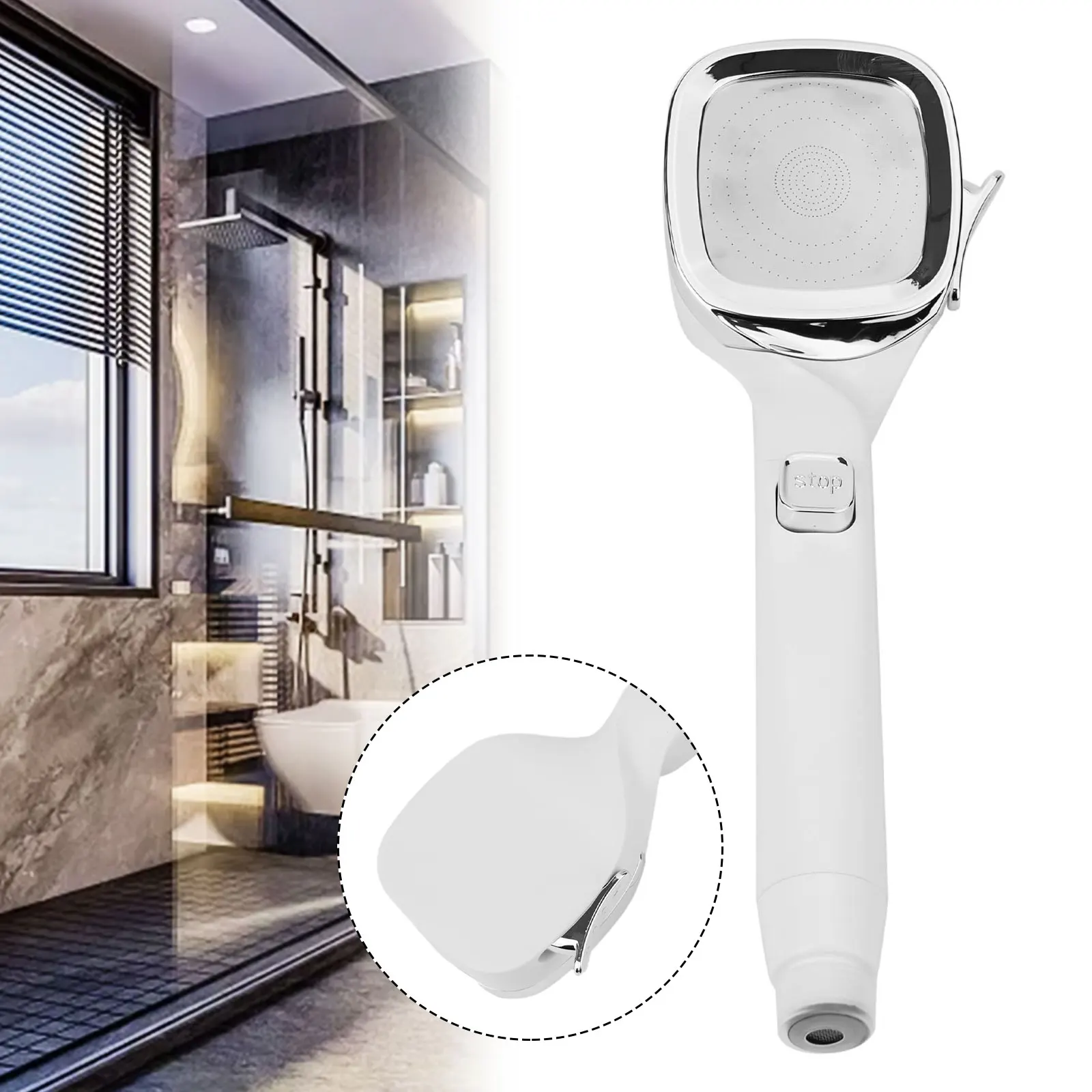 High Pressure Shower Head with 4 Spray Modes Anti Blocking Hole Removable and Washable Filter White ABS Material