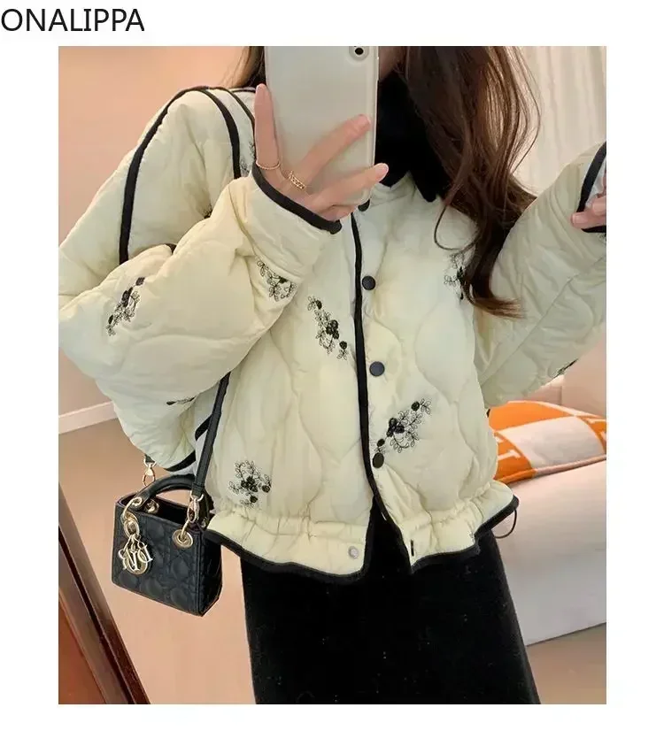 Onalippa Embroidery Floral Quilted Coat Small Fragrance Drawstring Contrast Winter Clothes Women French Style Vintage Coats