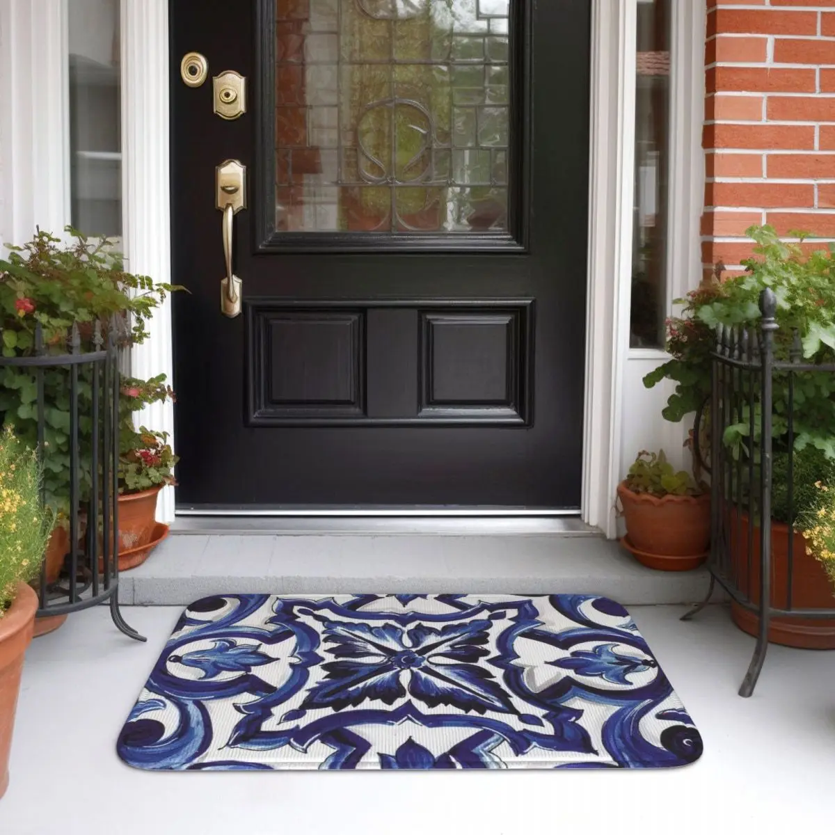 Blue Ornate Floral Mediterranean Sicilian TileKitchen Entrance Home Floor Mat Non-slip Carpet Rug for Bathroom Footpad Mats