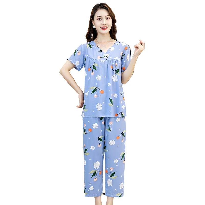 plus size Women\'s Cotton Pajamas Set Short Sleeve Long Pants Kimono Robe Summer Thin Elderly Mom Synthetic Cotton Home Clothing