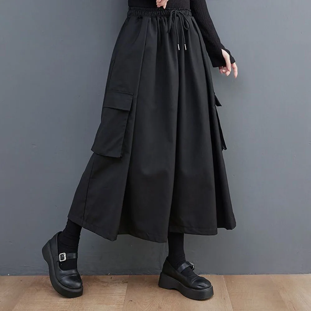 Gothic Style Japanese Large Pocket Casual Culottes 2024 New Fashion Loose Daily Versatile Elastic Waist Wide Leg Pants Unisex