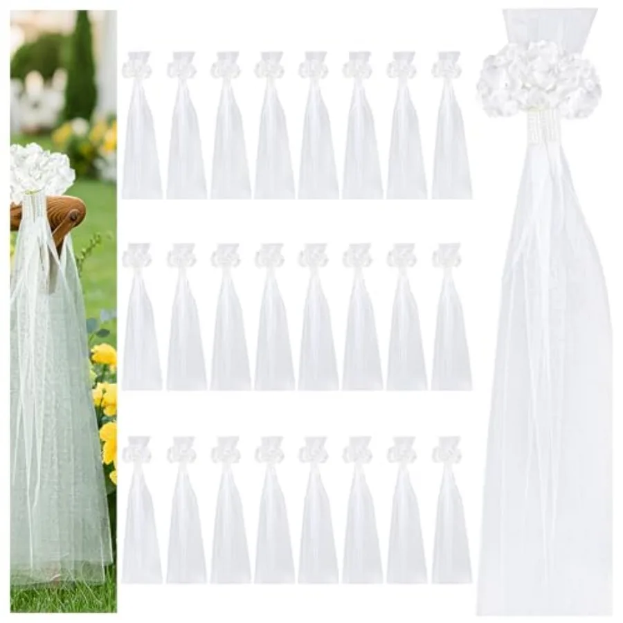 

24 комплекта украшений для стульев на свадебной церемонии: цветы гортензии и гардении с длинными тюлевыми хвостиками, 31,5 дюйма, декор для церковных скамеек на приеме гостей