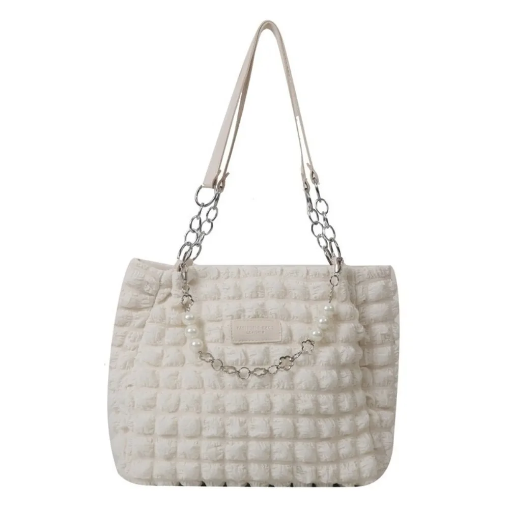 

Simple Beaded Pleated Tote Bag Korean Style Chain Plaid Handbag Large Capacity Solid Color Bubble Cloud Bag Banquet