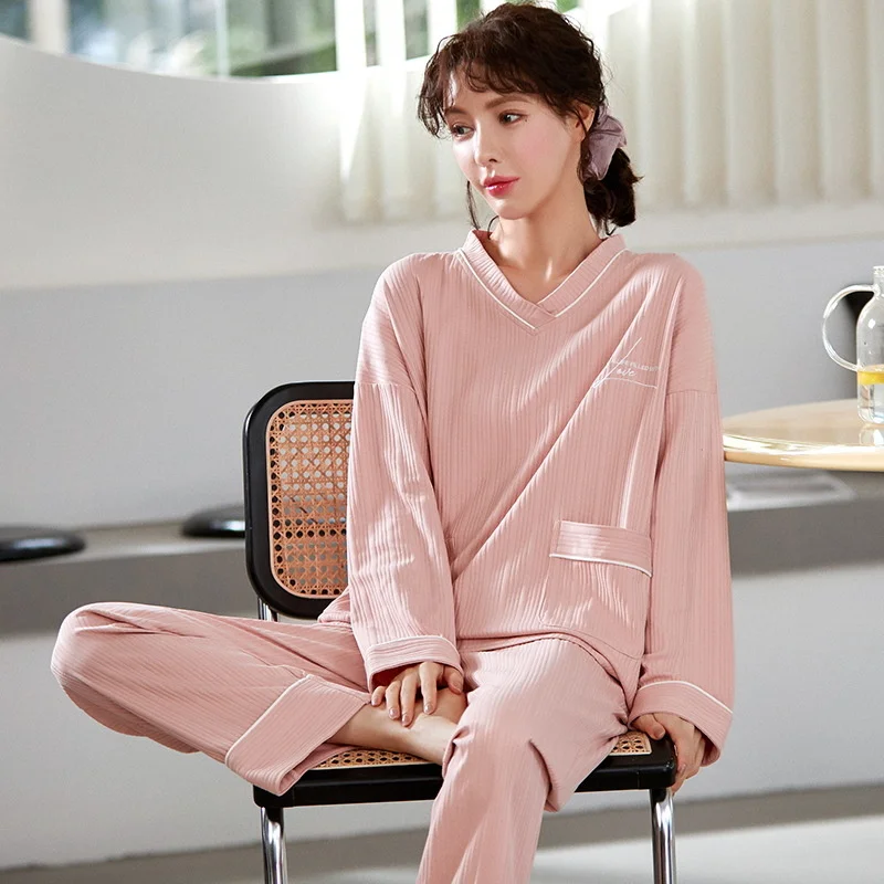 Autumn Winter Cartoon Cute Women Pajamas Set Combed Cotton Waffle Knit Pajama Sweet Long Sleeve Pants Sleepwear Suit