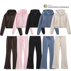 2024 Autumn Women MultiColors 2 Piece Hoodies Set Casual Flare Trousers Sets Interlock Cropped Sweatshirt Plush Front Seam Pants
