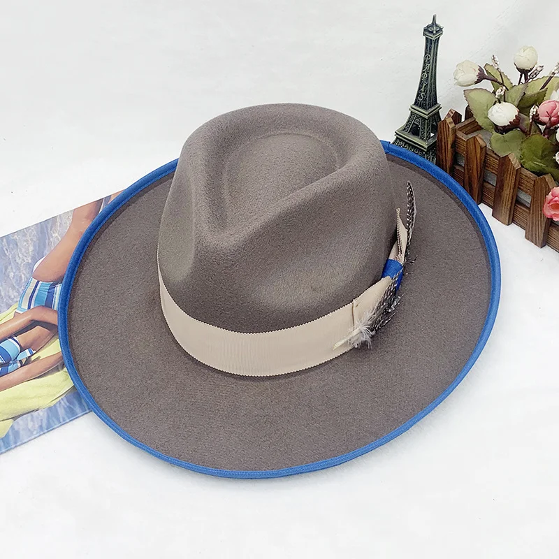 Hot-selling European And American Style Wool Flat-brimmed Jazz Hat With Pleated Large Brim And Color-blocking Design