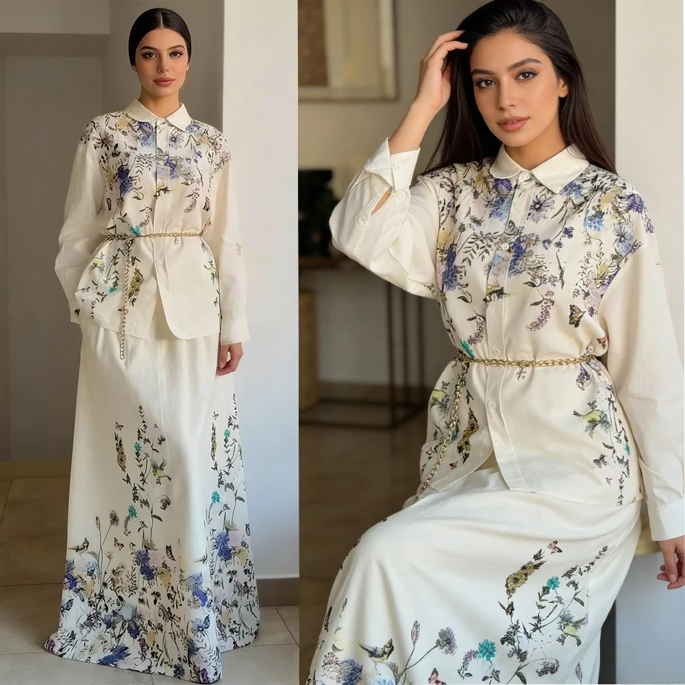 

Женский комплект из двух предметов с принтом, рубашка, юбка, топы, костюм, длинная юбка, Дубай, Абая, Рамадан, мусульманский арабский Джалабия, Абаяс, повседневный 2025