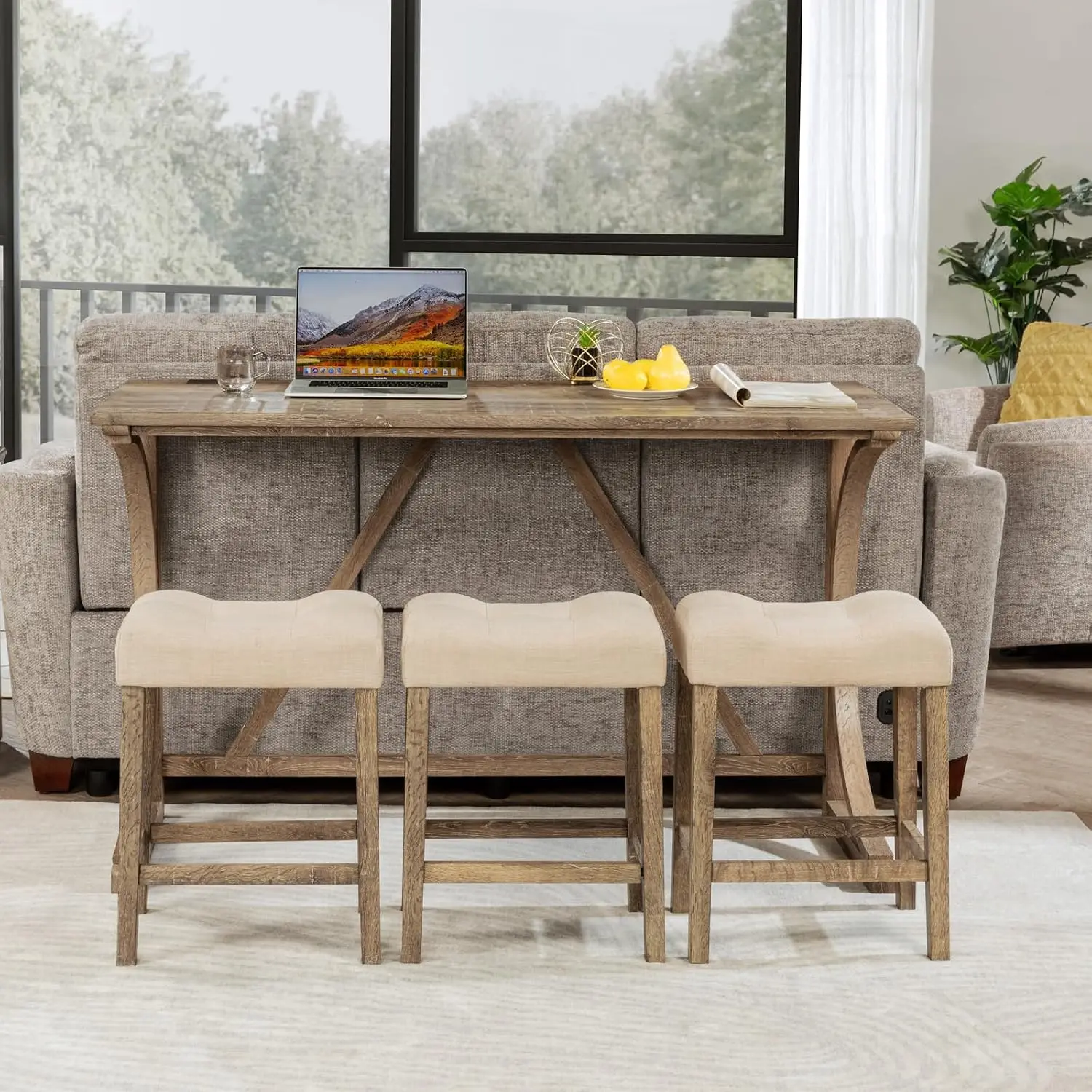 Industrial Counter Height Bar Table Set with Power Outlet, 4-Piece Dinette with Padded Stools, Small Space Pub Dining,Customized