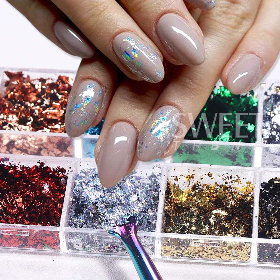 12 grilles feuilles d'or ongles paillettes aléatoires holographiques aluminium feuille d'ongle flocons autocollants paillettes manucure décor fournitures d'ongles