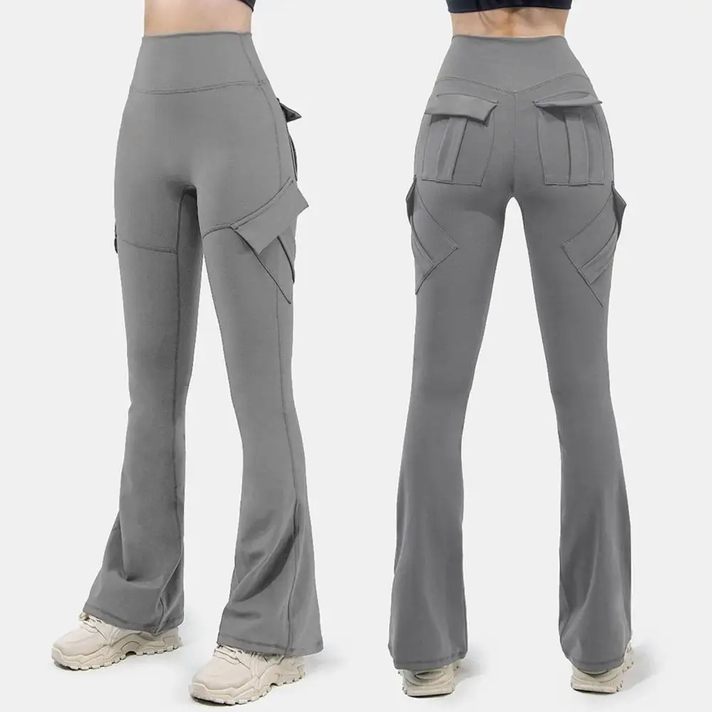 2026 Women Flared Pants Elastic High Waist Wide Leg Casual Trousers Flap Pockets Cargo Pants Daily Sporty Wide-leg Bottoms