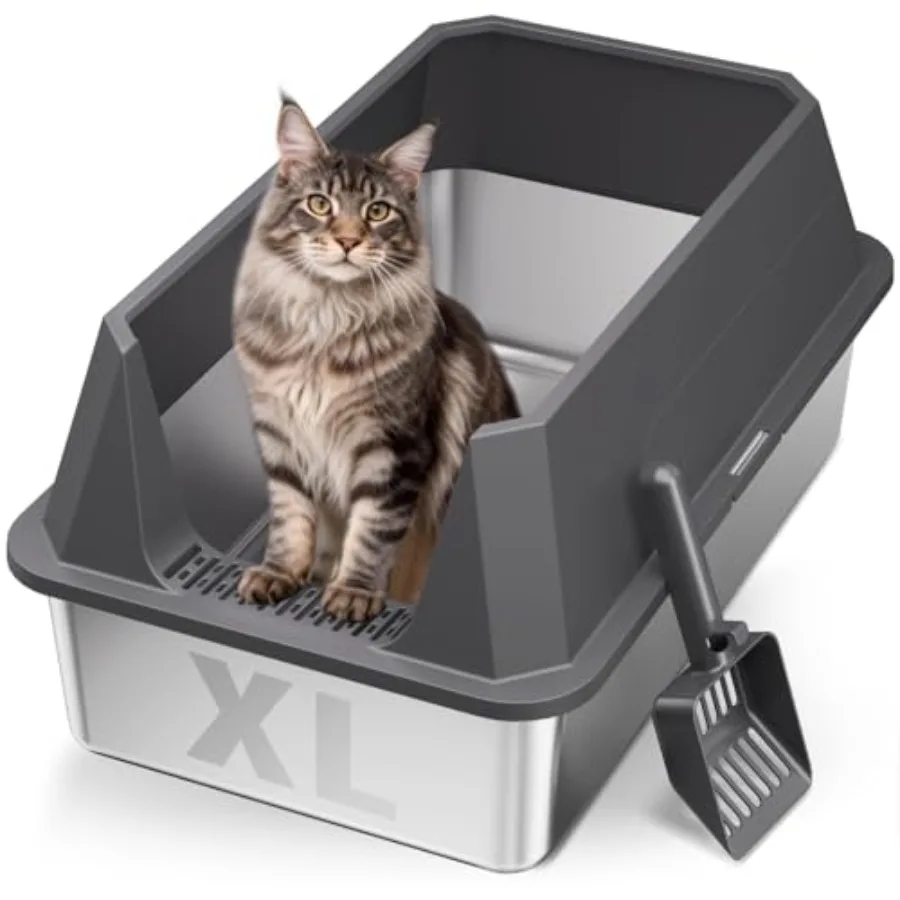 

Stainless Steel Litter Box with High Sides, XL High Sided Cat Litter Pan, Open Top Extra Large Metal Cat Litter Box, Non-Stick,