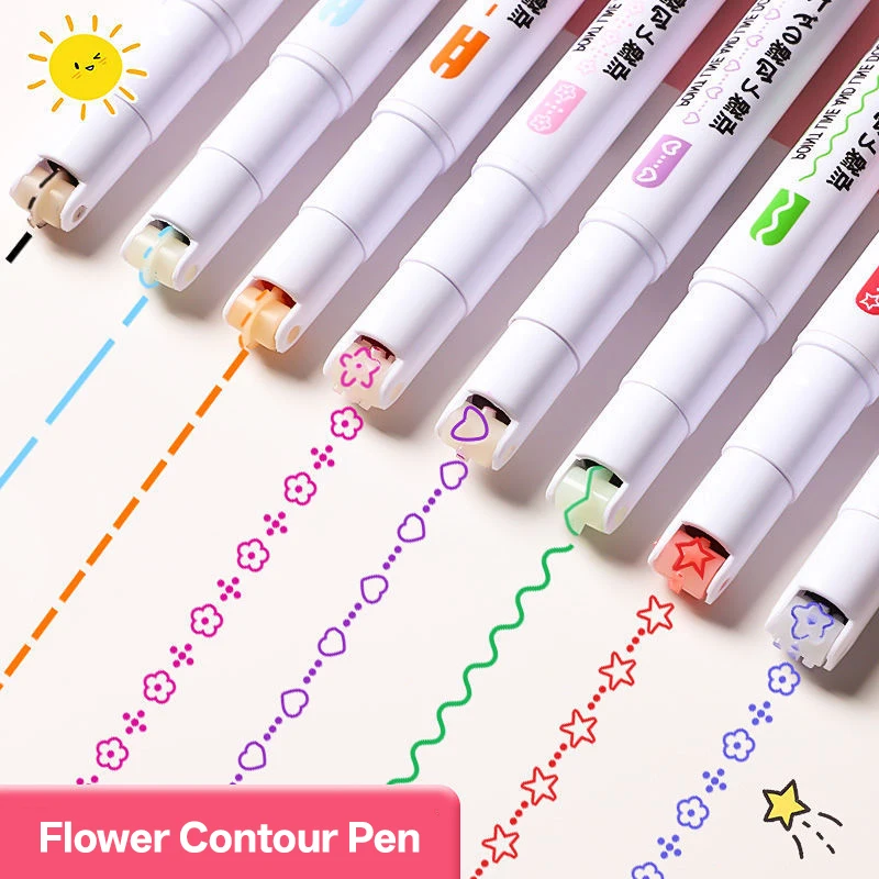 

6Pcs/set Kawaii Flowers Line Shaped Highlighter Pens Roller Tip Curve Liner Marker for Writing Journaling Drawing Stationery