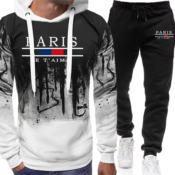 New autumn and winter men's hooded sweatshirt sportswear set, outdoor thickened warm men's casual sweatshirt and pants set