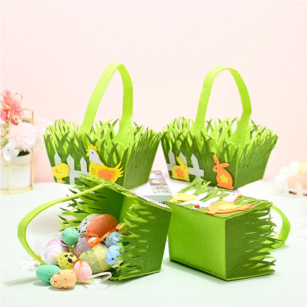 Easter Basket Egg Candies With Handle Green Grass Non Woven Fabric Stuff Toys Baskets Orange Hen Egg Hunting Party Supply